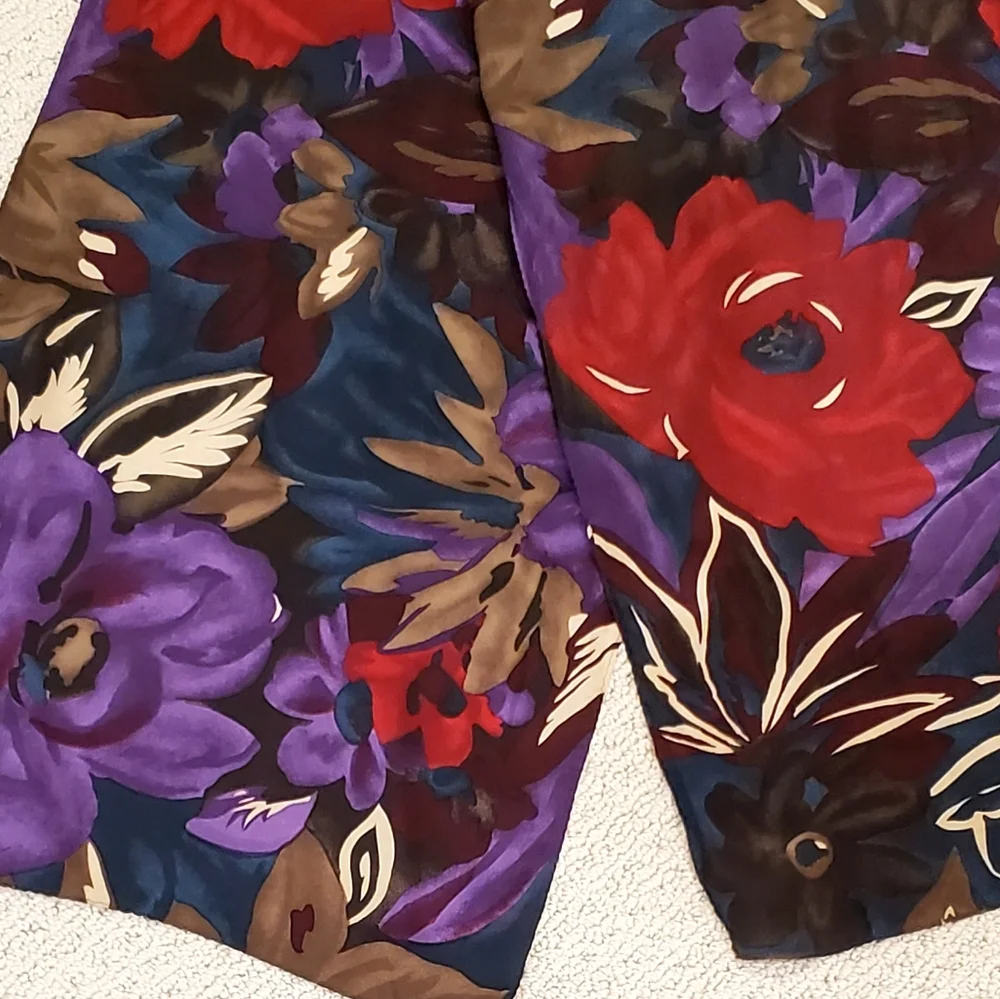 Vintage Axcess 100% Silk Long Floral Scarf, Deep Colors Purple/Teal/Red, EUC